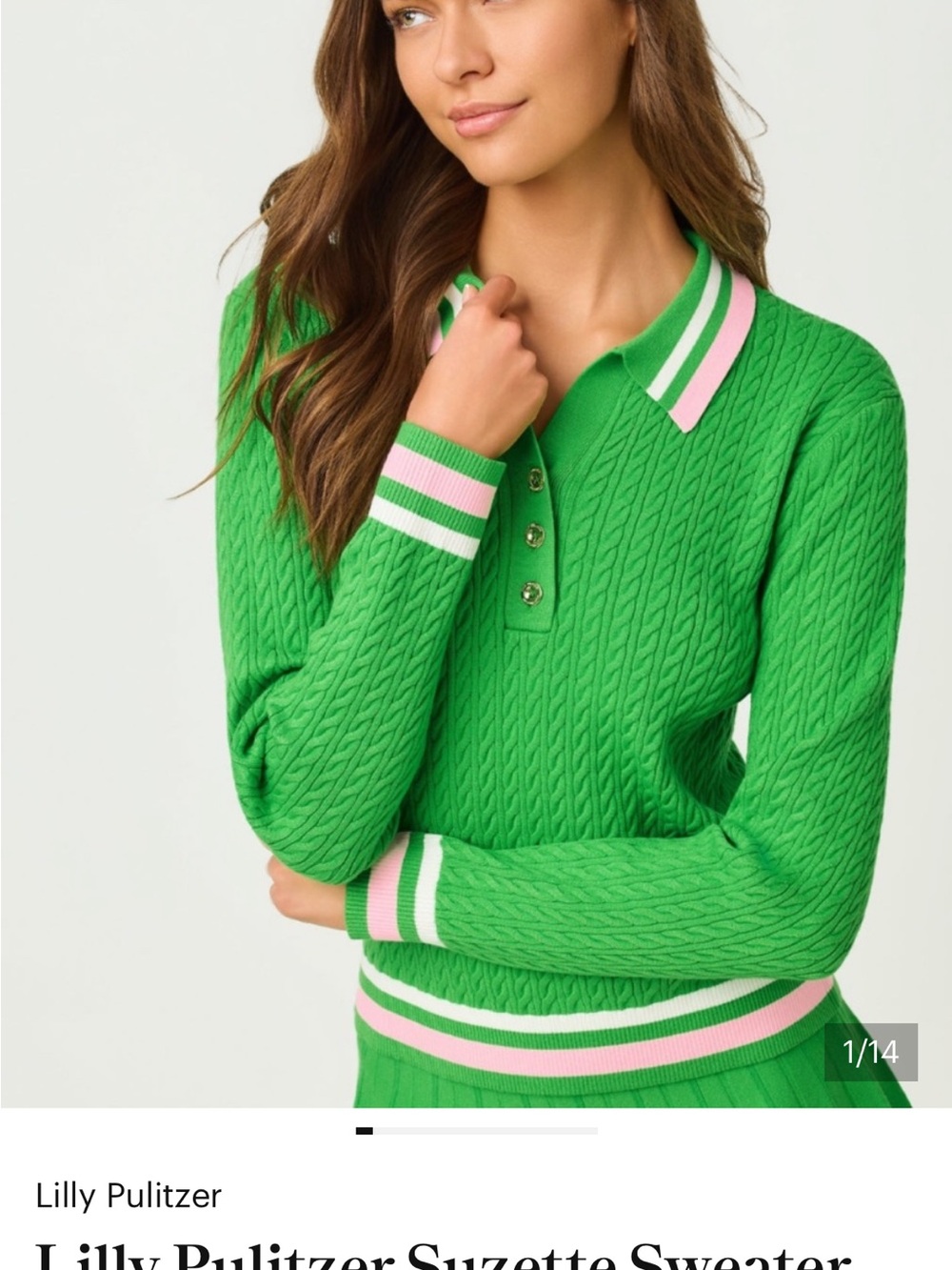 Lilly Pulitzer Bright Green Cable-Knit Polo Sweater with Pink & White Trim